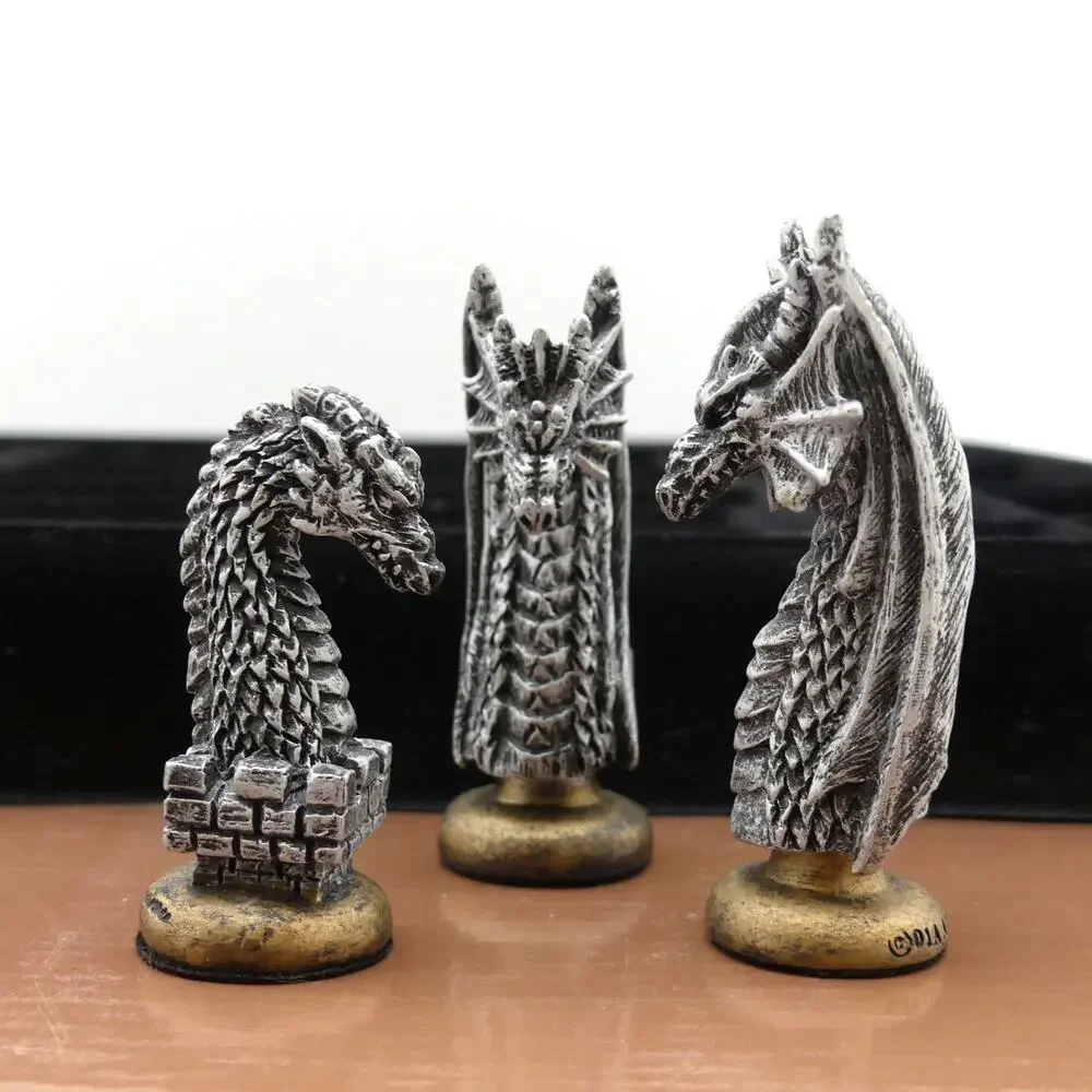 2001 The Chessmen Dragon Chess Set by W.U. #FI260 Black/Pewter Hand Painted